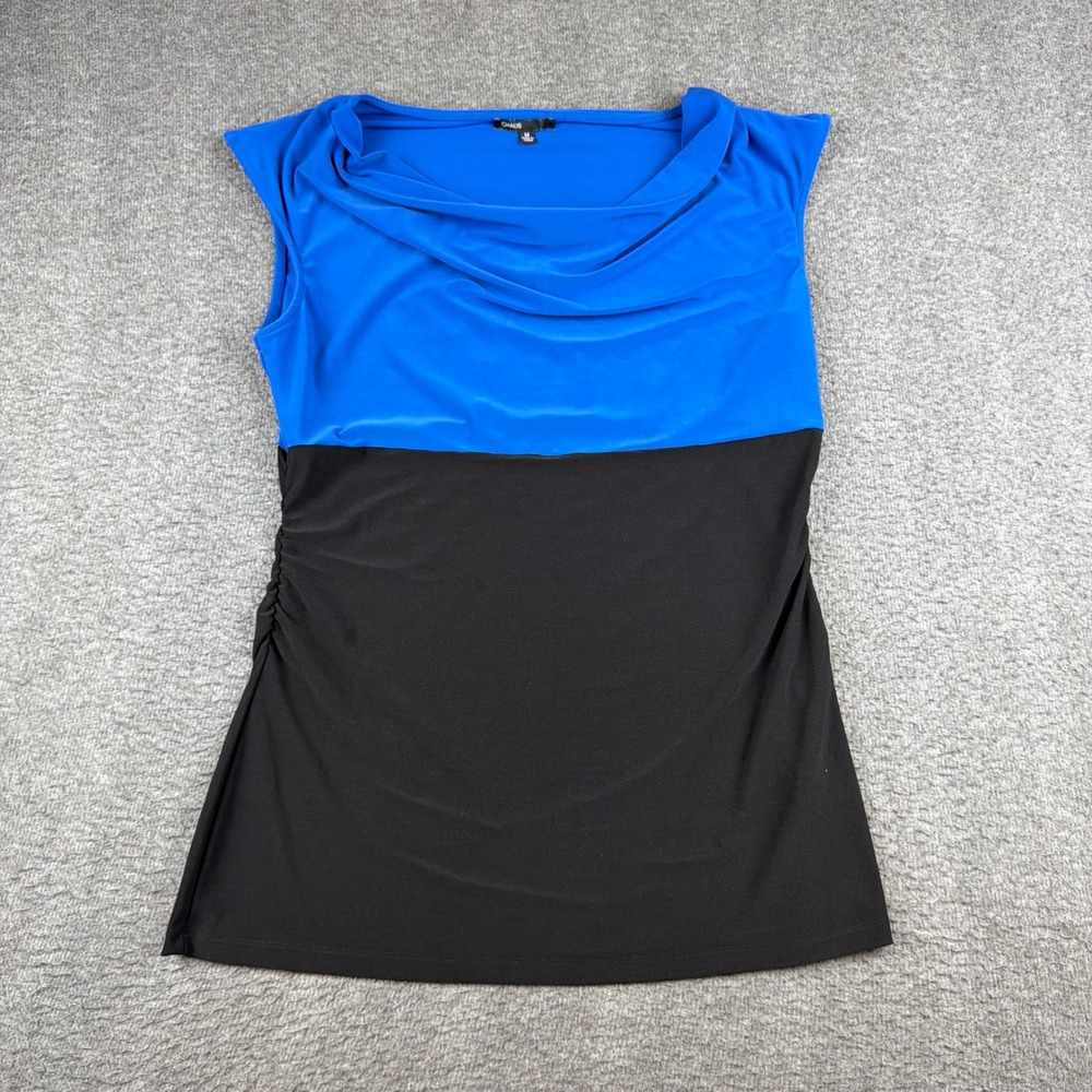 Chaus Cowl Neck Top Womens Size M Blue Black Colorblock Ruched Sleeveless Jersey